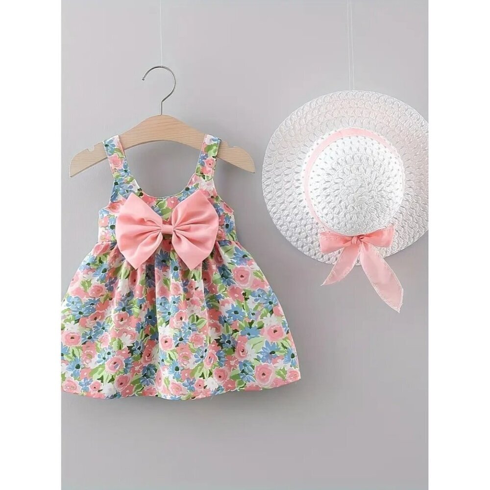 2pcs Set Summer Fashion Floral Print Sleeveless Dress and Matching Hat for Baby